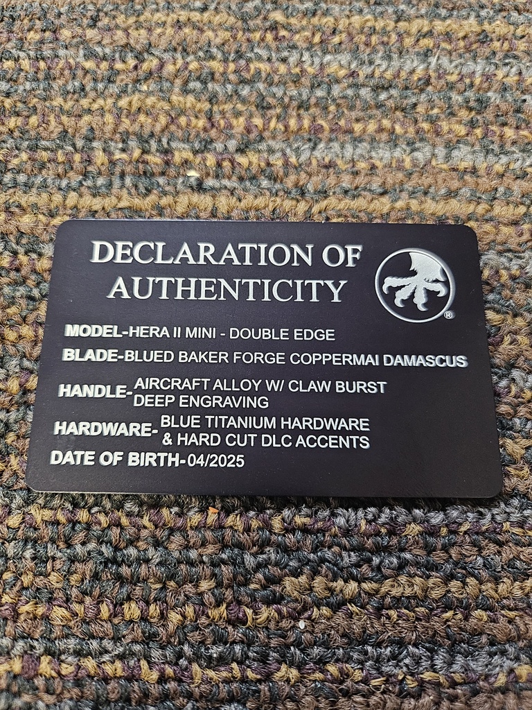 Microtech Mini Hera II 1702M-16MS3 D/E Marfione Select Claw Burst Deep Engraved Blued Baker Forge Coppermai Damascus Blue Ti HW & Accents
