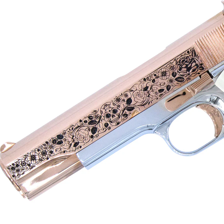 SEATTLE ENGRAVING COLT 1911 GOV'T DIA DE LOS MUERTOS 45 ACP 18K ROSE GOLD SLIDE CHROME FRAME