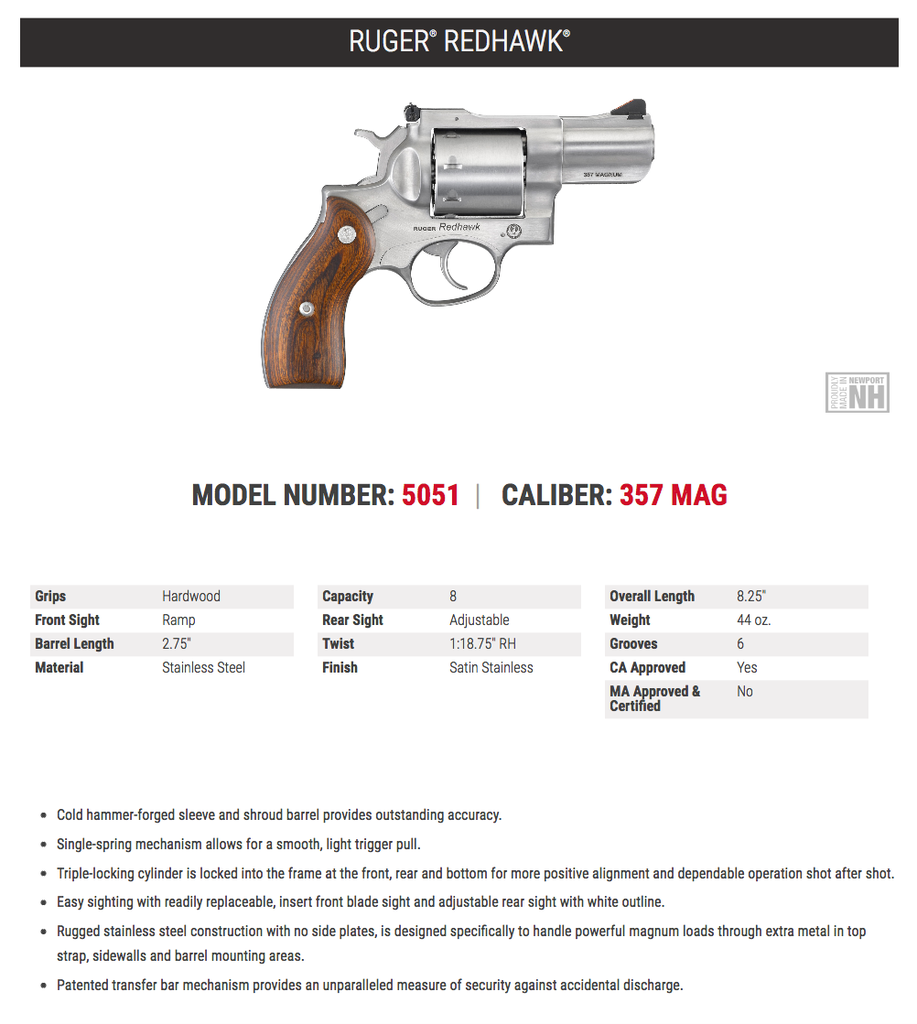 RUGER 5051 REDHAWK 357 MAGNUM 2.75" SS WOOD GRIPS 8 RND (3)