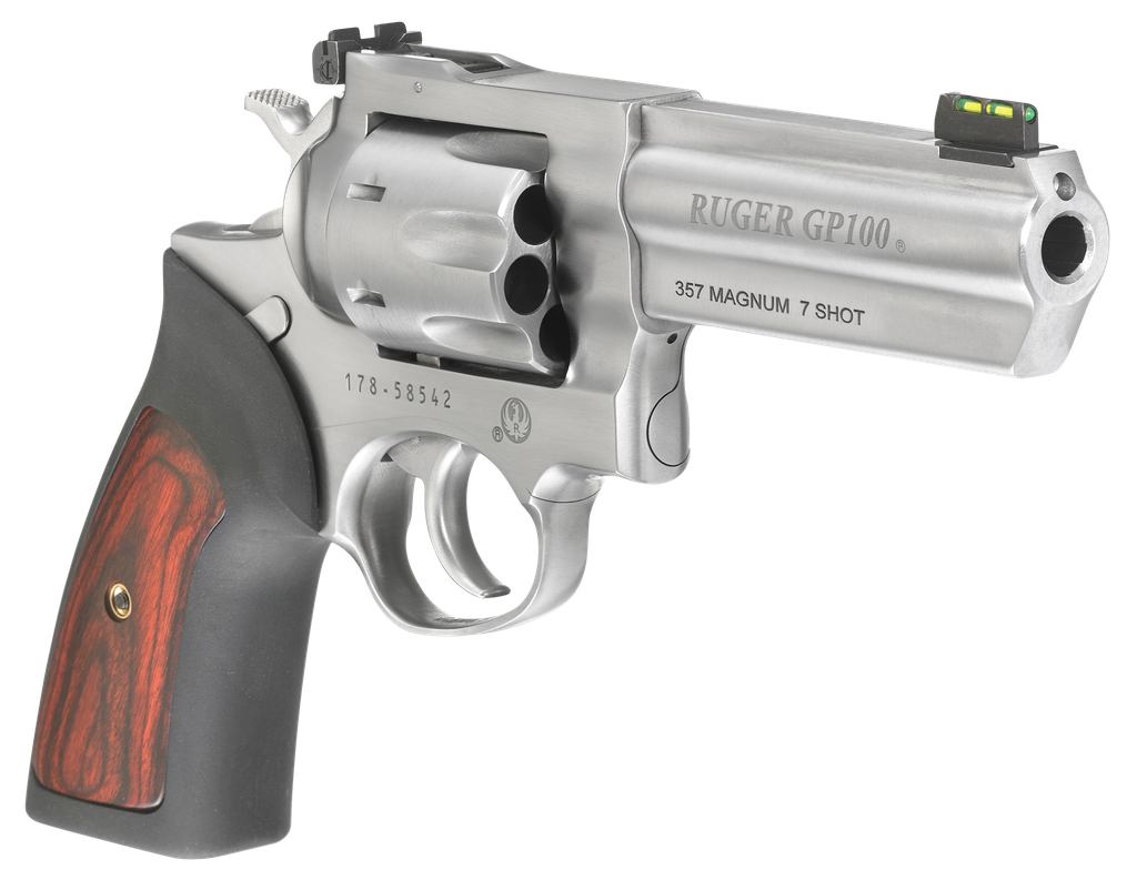 RUGER 1771 GP100 357 MAG 4.2" SS ADJ FOS RUBBER/WOOD  7RND (3)