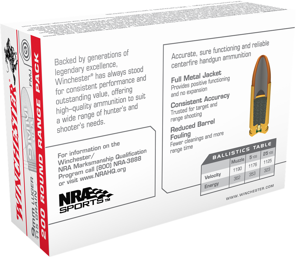 WINCHESTER USA9W USA 9MM 115 GRAIN FMJ 200 RNDS (3)