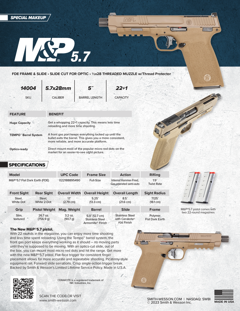 SMITH & WESSON 14004 M&P5.7 OR 5.7X28MM 5" BBL FDE (3)