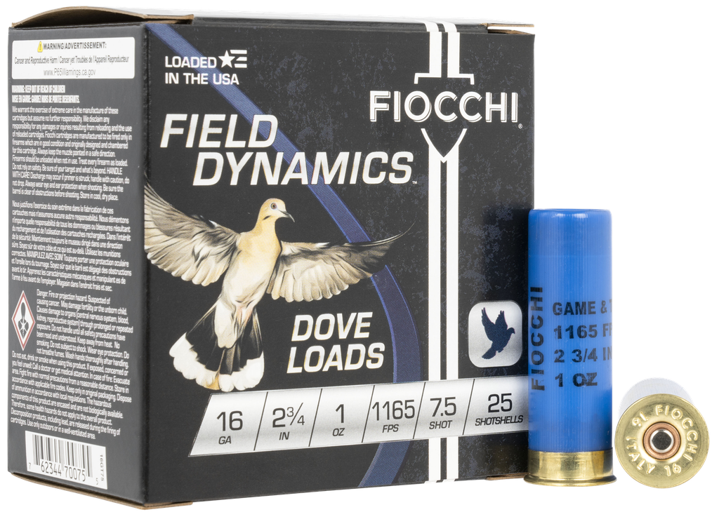 FIOCCHI 16GT75 FIELD DYNAMICS DOVE & QUAIL 16 GAUGE 2-3/4" 1OZ 7.5 SHOT 25 RNDS