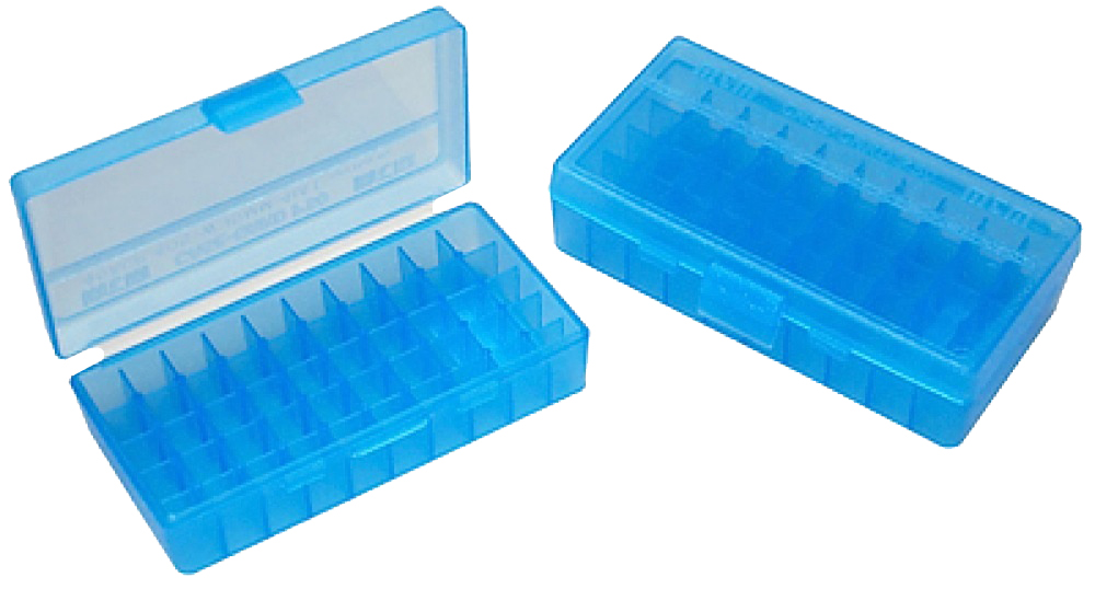 MTM CASE-GARD P509M24 AMMO BOX FLIP-TOP MULTI CALIBER HANDGUN CLEAR BLUE POLYPROPYLENE 50RD
