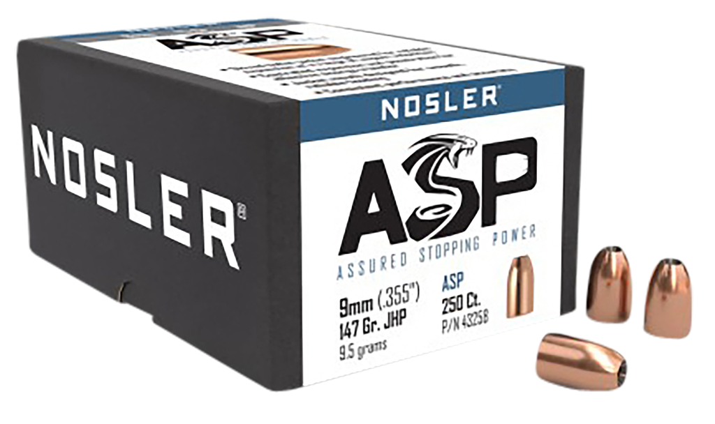 NOSLER ASSURED STOPPING POWER, NOS 43258 HANDGUN    9MM 147  JHP   250