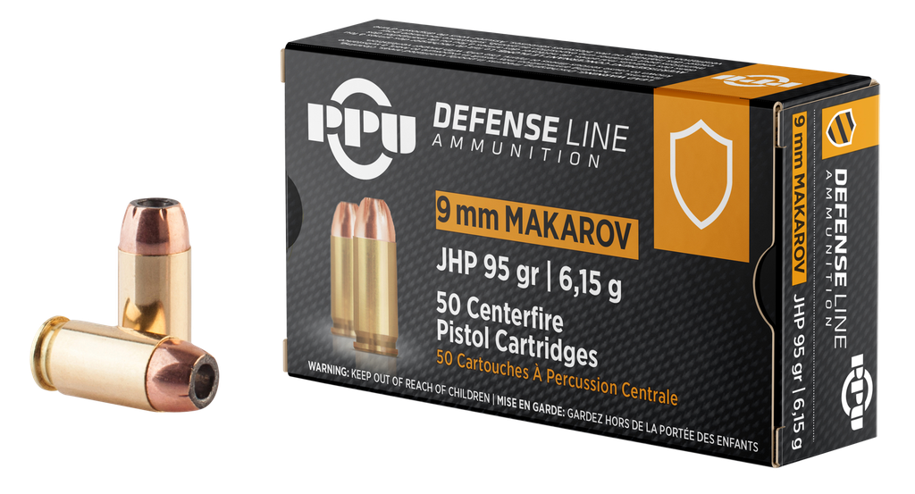 PPU PPD9M DEFENSE 9X18 MAKAROV 95 GRAIN JACKETED HOLLOW POINT 50 RNDS