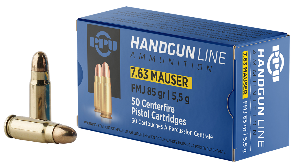 PPU PPH763 HANDGUN 7.63MM MAUSER 85 GRAIN FULL METAL JACKET 50 RNDS