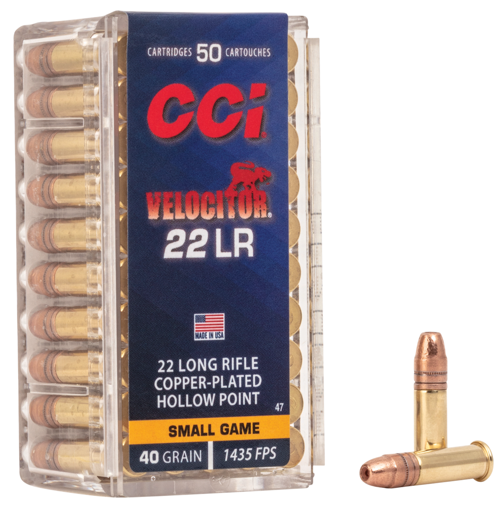 CCI 0047 VELOCITOR RIMFIRE 22 LR 40 GRAIN COPPER PLATED HOLLOW POINT 50 RNDS