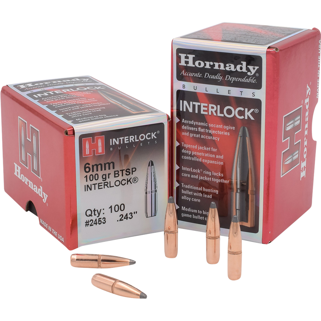 HORNADY 2453 INTERLOCK  6MM .243 100 GR BOAT TAIL SPIRE POINT 100 PER BOX/ 25 CASE