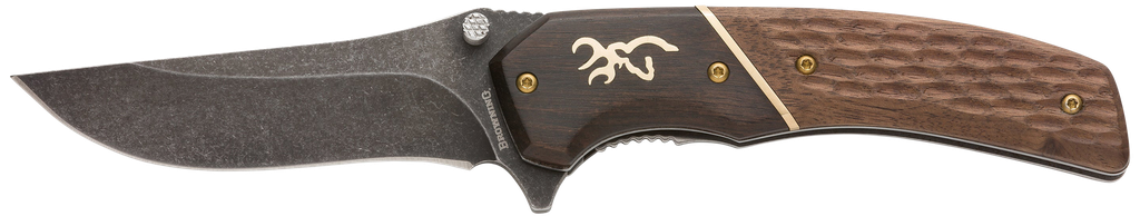 BROWNING 3220390 HUNTER SMALL 2.88" FOLDING DROP POINT PLAIN BLACK OXIDE STONEWASHED 440C SS BLADE/ BROWN JIGGED HARDWOOD WALNUT HANDLE INCLUDES POCKET CLIP