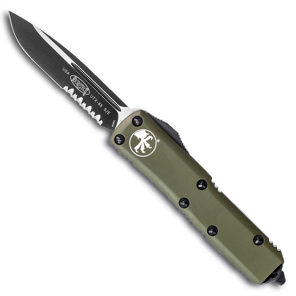 MICROTECH 231-2OD UTX-85 SINGLE EDGE BLACK PARTIAL SERRATED BLADE, OD GREEN HANDLE