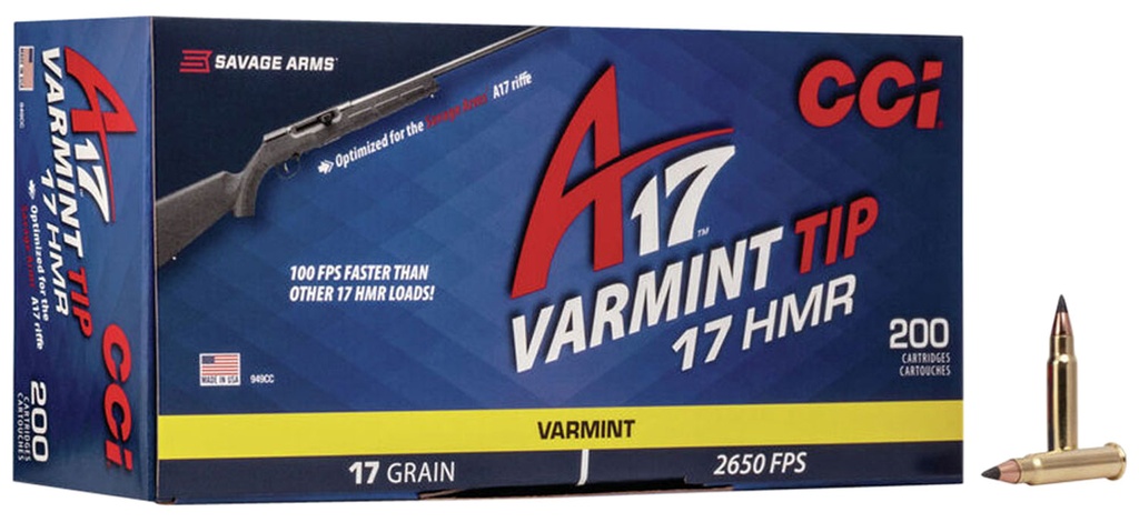 CCI 949CC A17 VARMINT TIP 17 HMR 17 GRAIN VARMINT TIPPED 200 RNDS