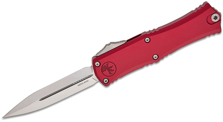 Microtech 1702M-10MR Hera II Mini OTF AUTO Knife 3" M390MK Stonewashed Double Edge Dagger Blade, Merlot Deep Engraved Aluminum Handles
