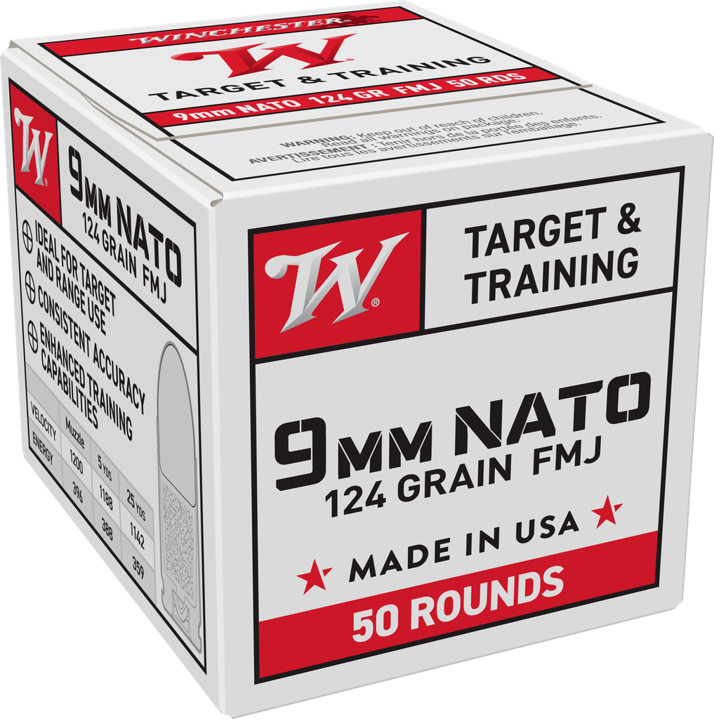 WINCHESTER W9NATO50 9MM 124 GRAIN FMJ TARGET & TRAINING 50 ROUND BOX