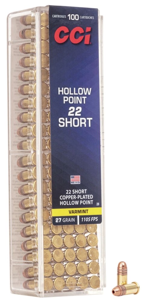 CCI 0028 VARMINT RIMFIRE 22 SHORT 27 GRAIN COPPER PLATED HP 100 RNDS