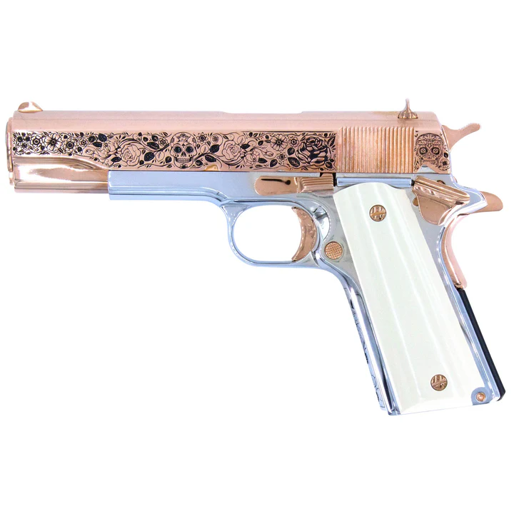 SEATTLE ENGRAVING COLT 1911 GOV'T DIA DE LOS MUERTOS 45 ACP 18K ROSE GOLD SLIDE CHROME FRAME