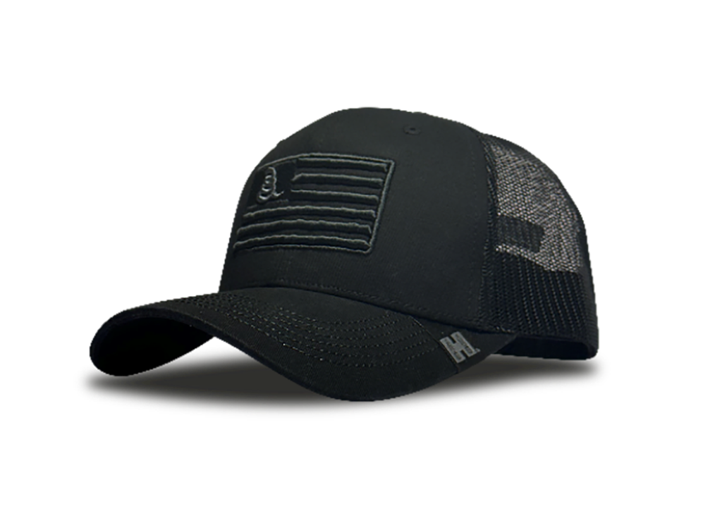 HORNADY 33290 BLACK TRUCKER HAT WITH GADSDEN FLAG PATCH