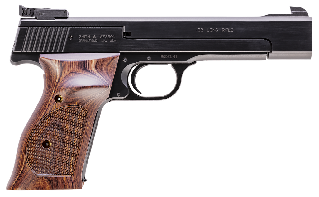 SMITH & WESSON 130511 MODEL 41 22 LR 10+1, 5.50" BLUED BUTTON RIFLED STEEL BARREL, SERRATED SLIDE & FRAME, CHECKERED WOOD TARGET GRIP