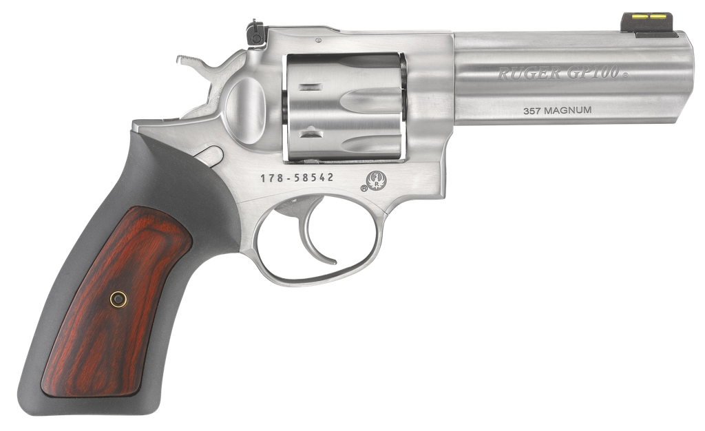 RUGER 1771 GP100 357 MAG 4.2" SS ADJ FOS RUBBER/WOOD  7RND