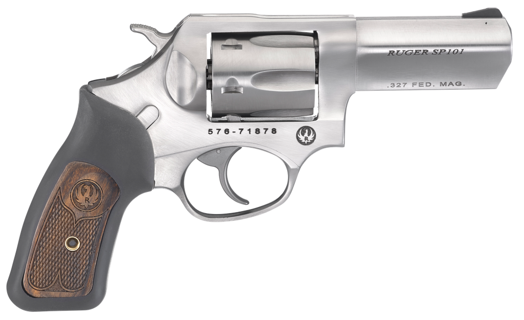 RUGER 5784 SP101 327 FEDERAL 3" SS FS WOOD PANEL GRIPS 6 RND