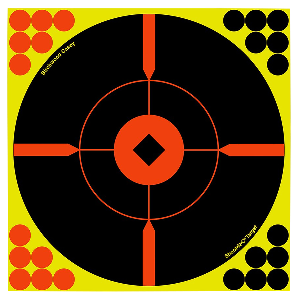 BIRCHWOOD CASEY 34850 SHOOT-N-C REACTIVE TARGET SELF-ADHESIVE PAPER BLACK/YELLOW/RED 8" BULLSEYE BMW 50 PACK