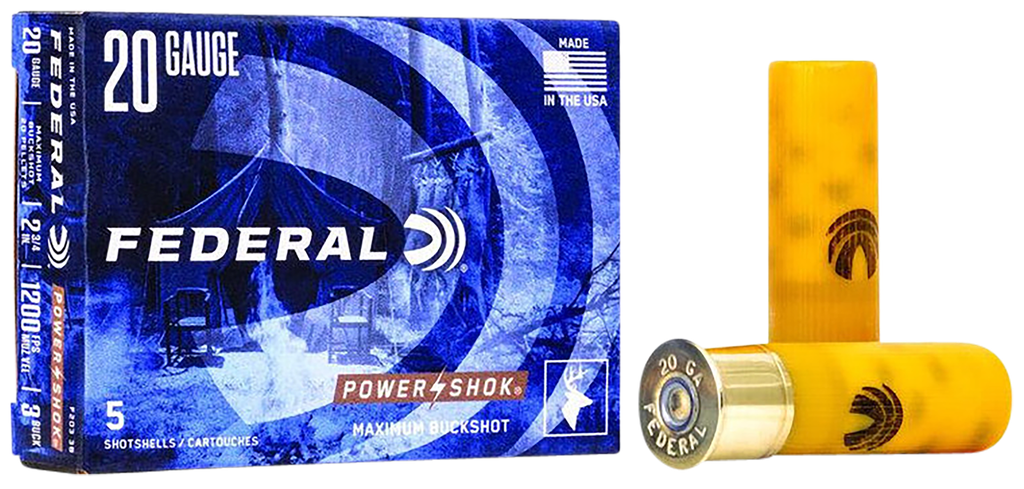 FEDERAL F2033B POWER-SHOK MAGNUM 20 GA 2-3/4" 20 PELLETS 1OZ 3 BUCKSHOT 5 RNDS