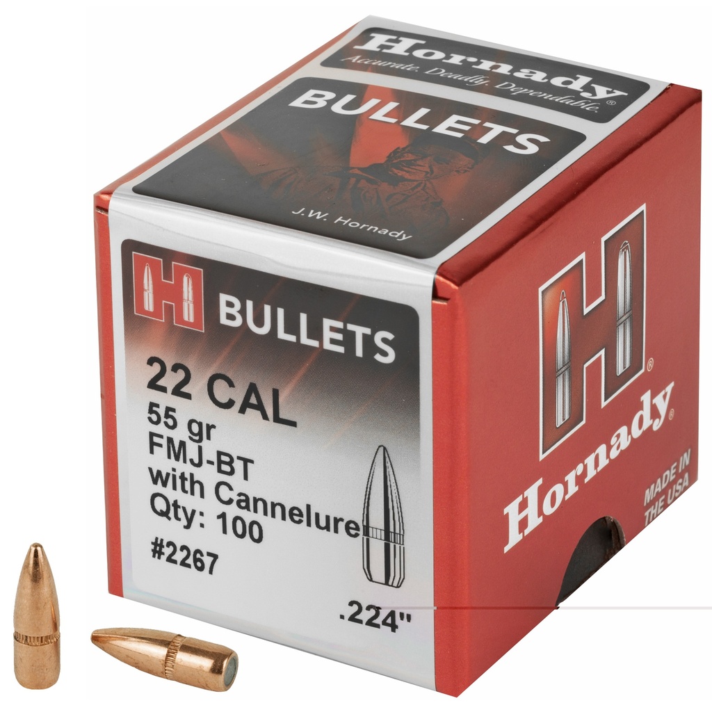 HORNADY 2267 TRADITIONAL 22 CAL .224 55 GR FMJ BOAT TAIL 100 CNT