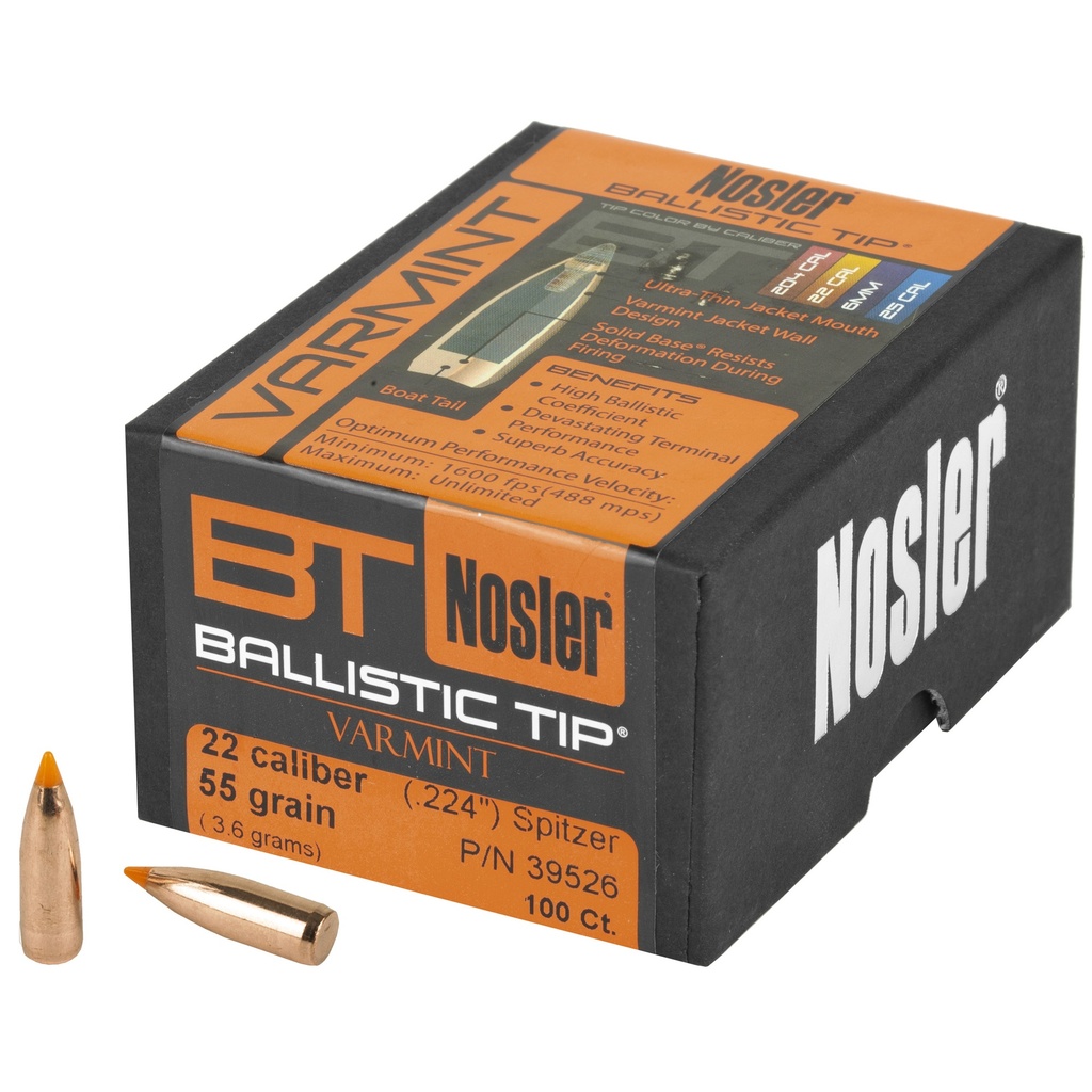 NOSLER 39526 BALLISTIC TIP 22 CAL 55 GRAIN SPITZER POINT 100 CNT