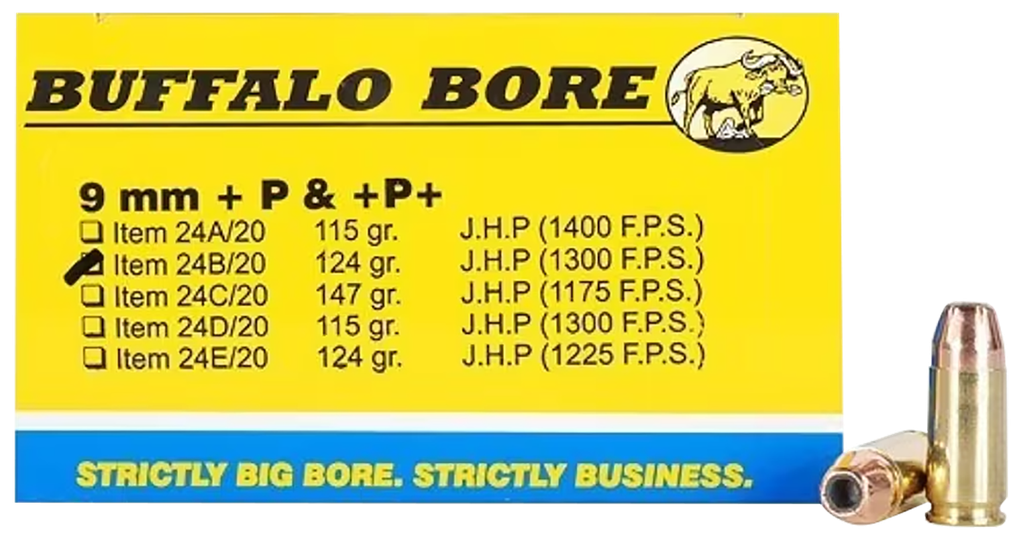 BUFFALO BORE 24B20 PERSONAL DEFENSE STRICTLY BUSINESS 9MM LUGER +P+ 124 GRAIN JHP 20 RNDS